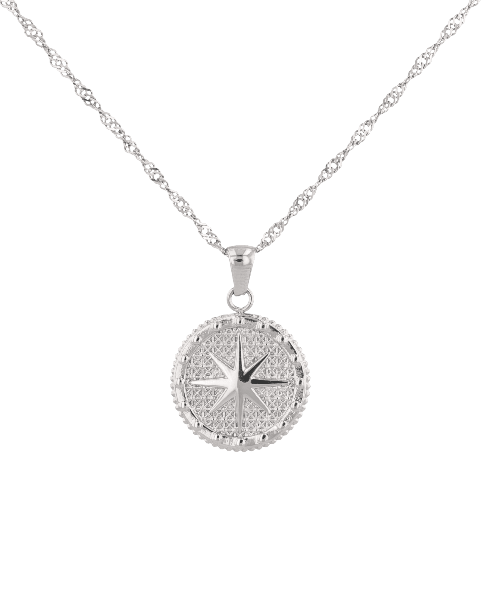 Starburst Coin Silver Necklace by Lavana, coin pendant with engraved starburst compass