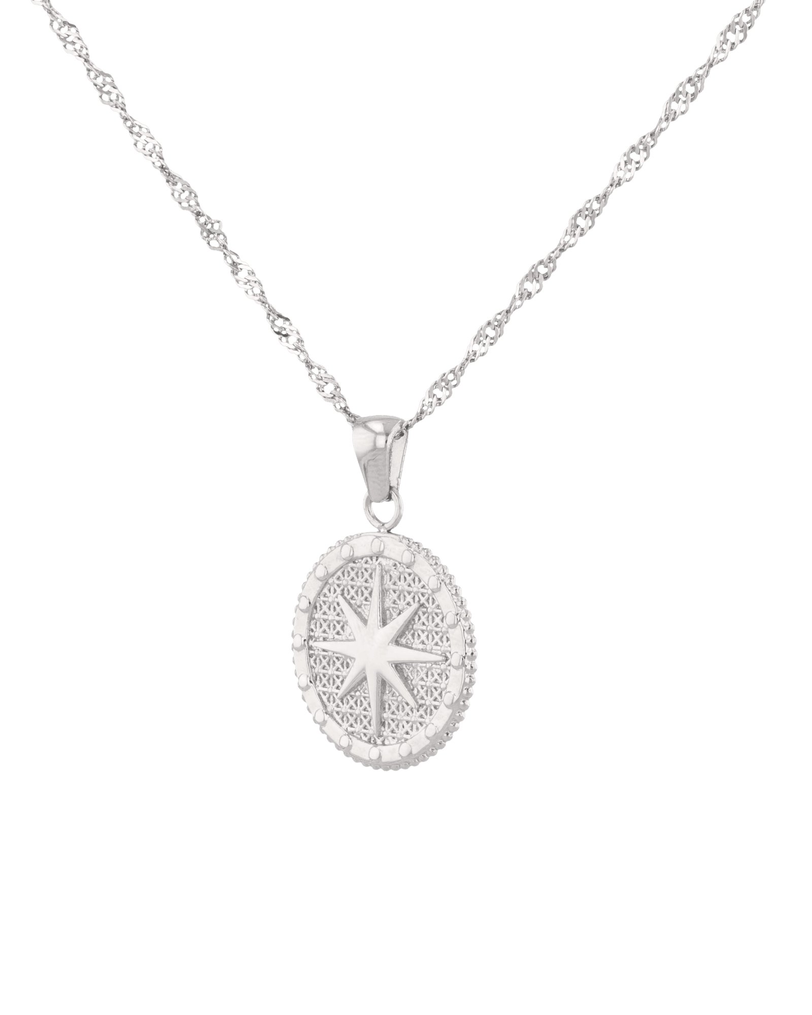 Starburst Coin Silver Necklace by Lavana, coin pendant with engraved starburst compass