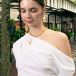 Stardust Raindrop Gold Pendant by Lavana, on model; with classic crescent moons and lab grown diamonds