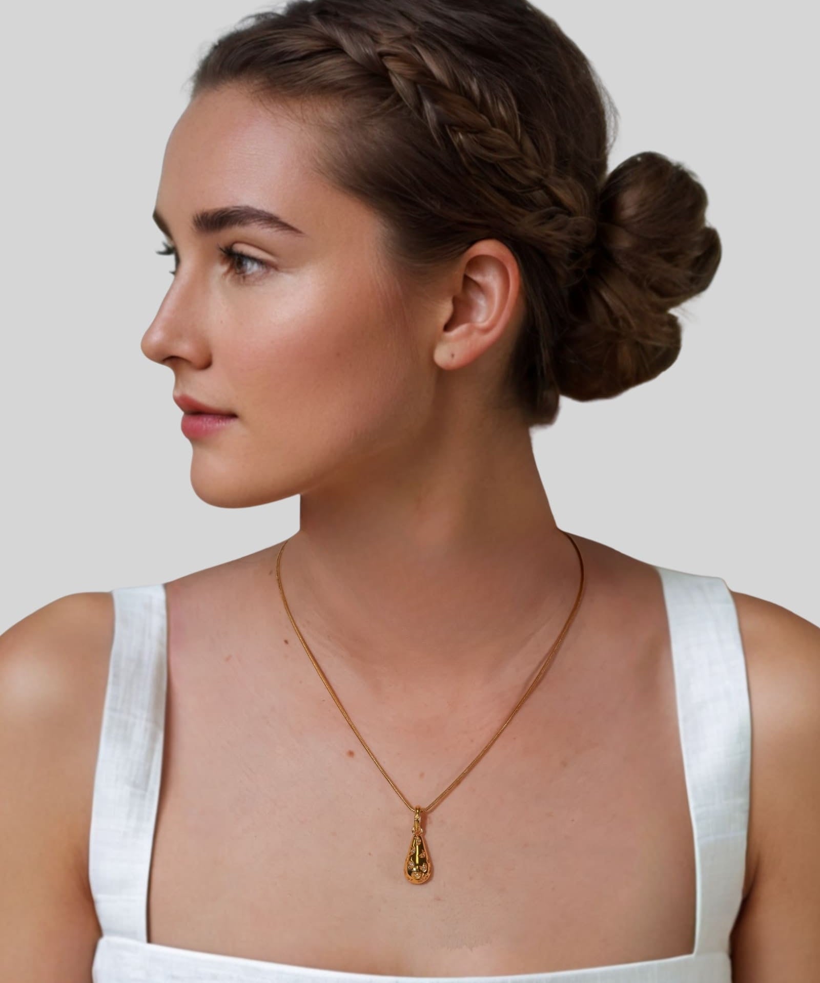 Stardust Raindrop Gold Pendant by Lavana on model with crescent moons and lab-grown diamonds