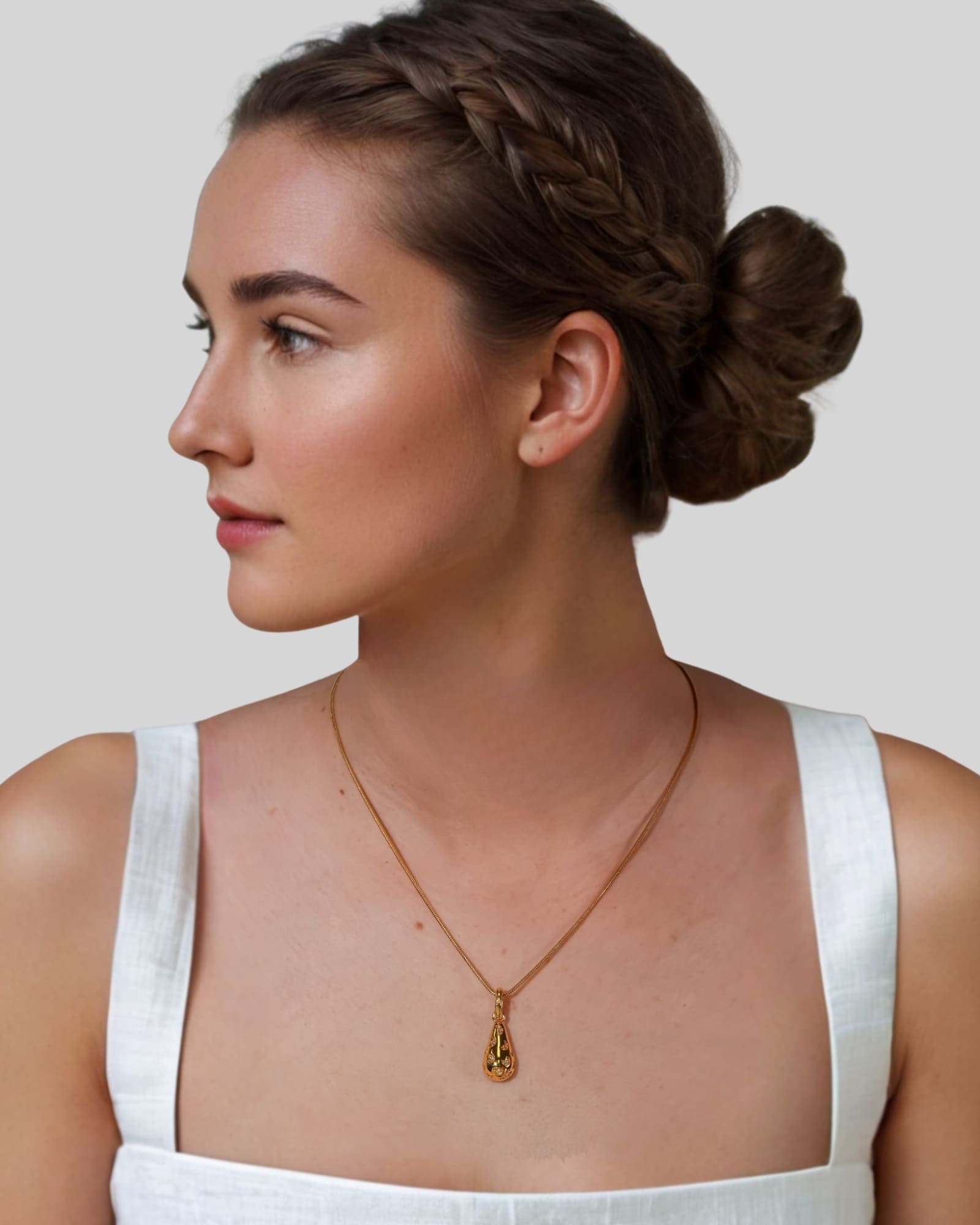 Stardust Raindrop Gold Pendant by Lavana on model with crescent moons and lab-grown diamonds