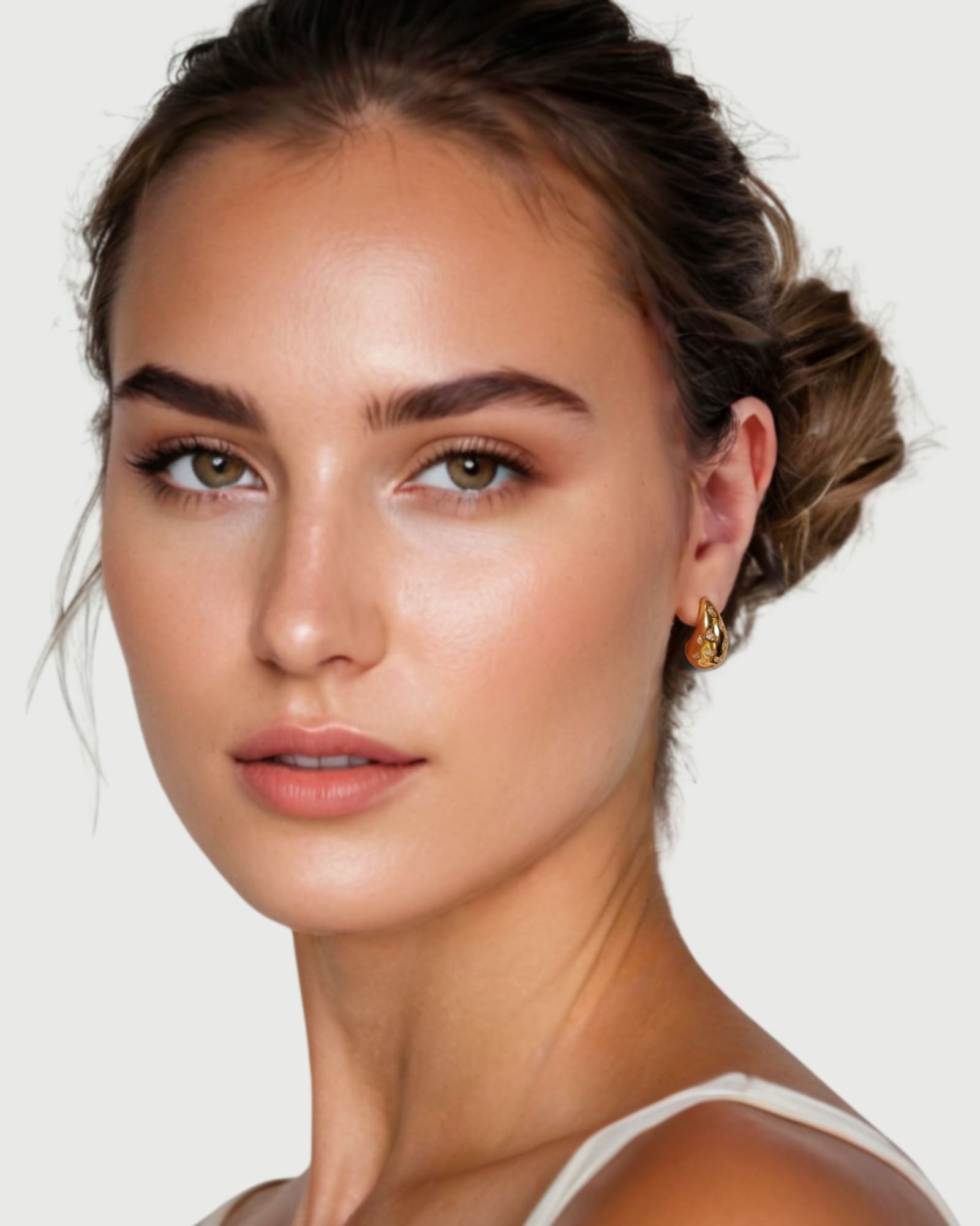 Stardust Raindrop Gold Earrings by Lavana on model with lab-grown diamonds