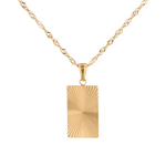 Sunburst Gold Tag Necklace by Lavana, sunburst engraved rectangle tag on fine chain
