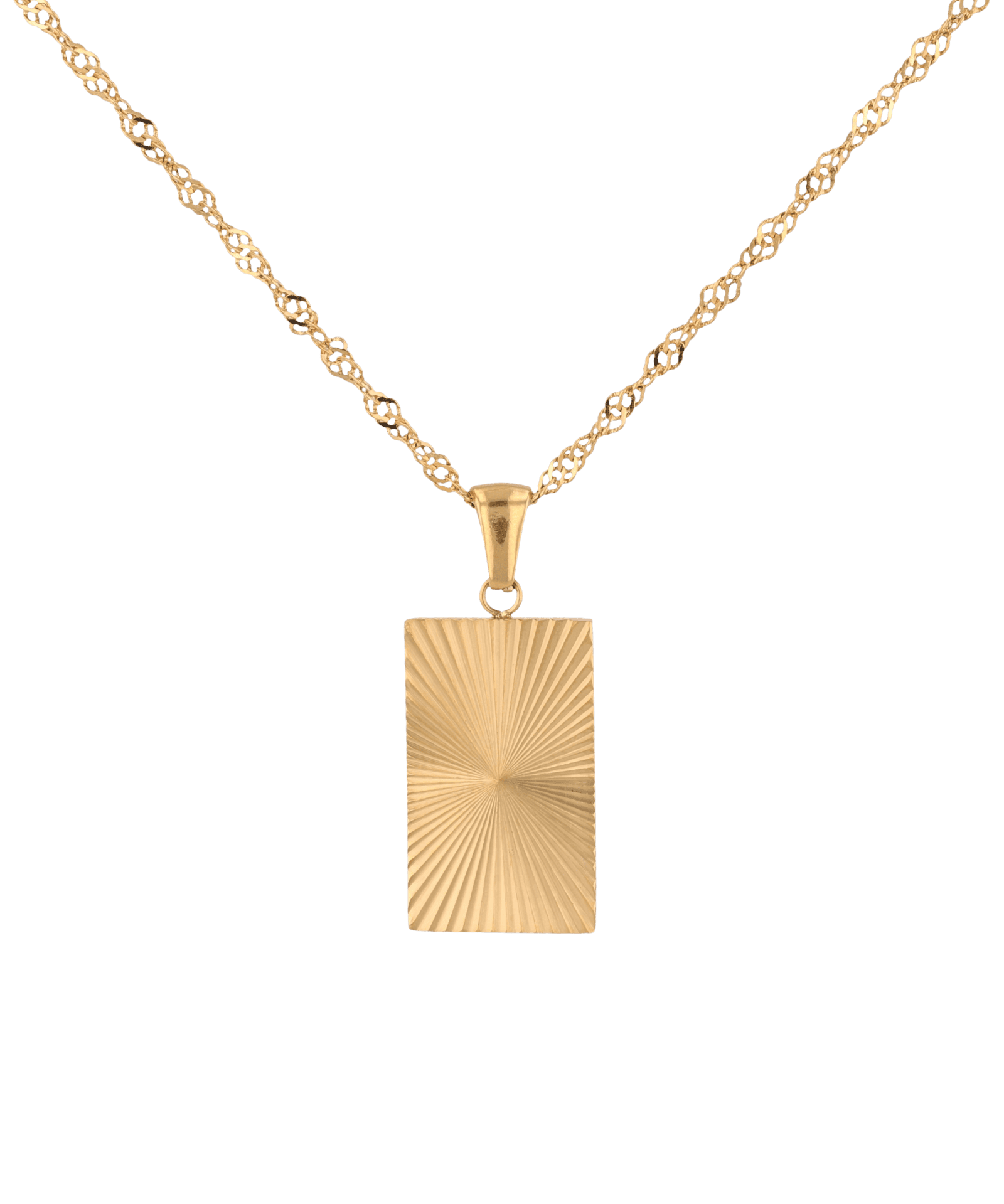 Sunburst Gold Tag Necklace by Lavana, sunburst engraved rectangle tag on fine chain