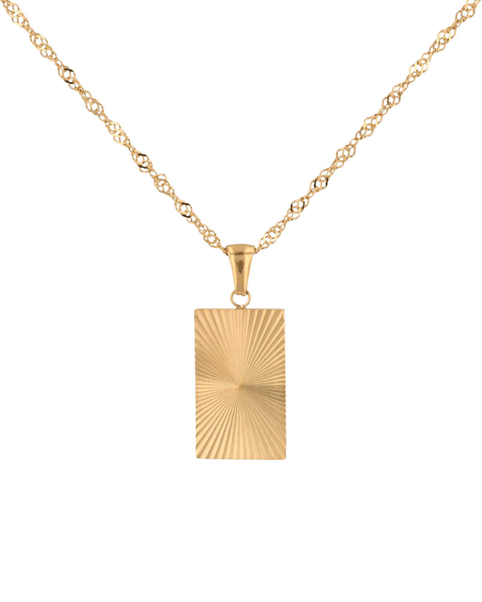 Sunburst Gold Tag Necklace by Lavana, sunburst engraved rectangle tag on fine chain