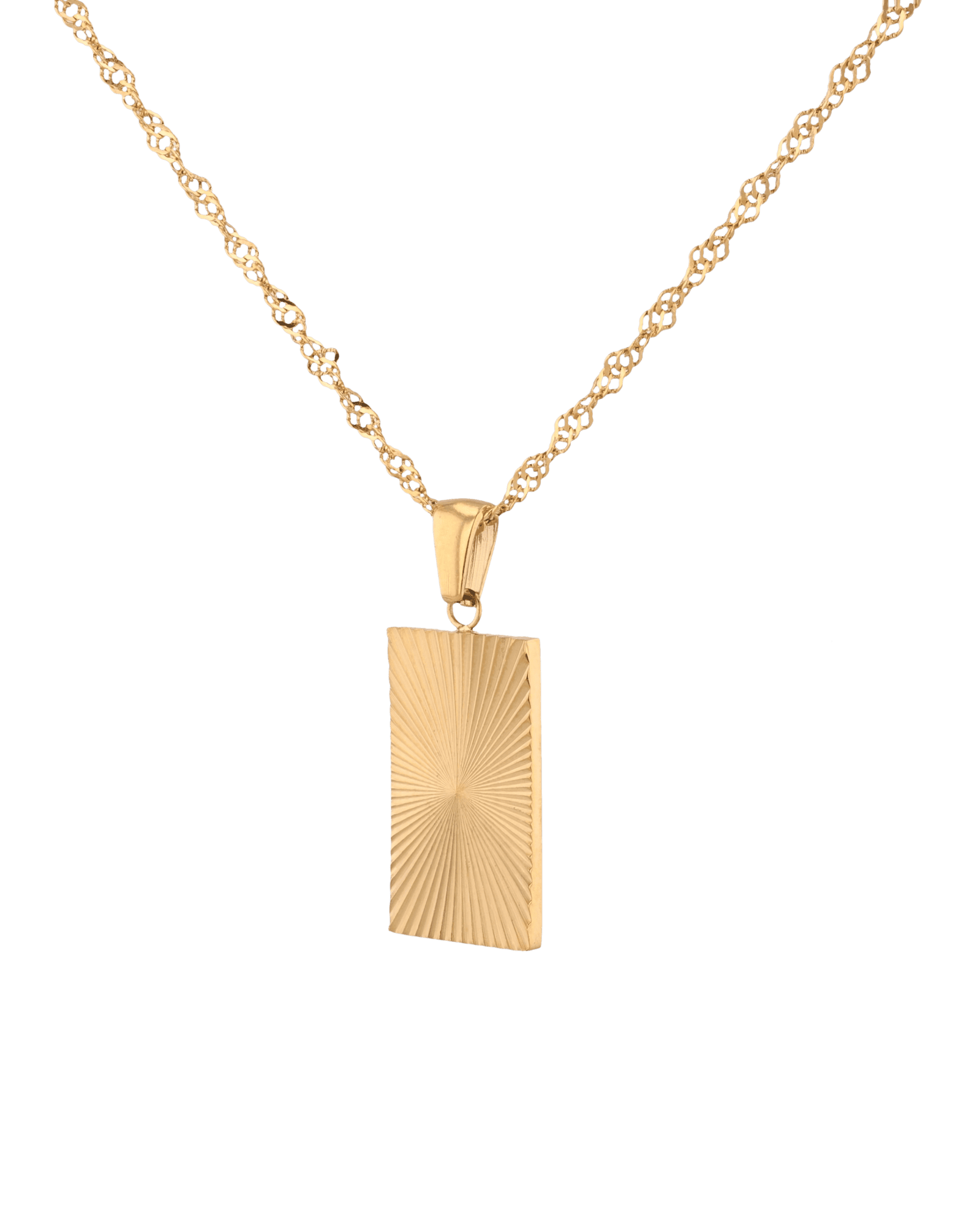 Sunburst Gold Tag Necklace by Lavana, sunburst engraved rectangle tag on fine chain