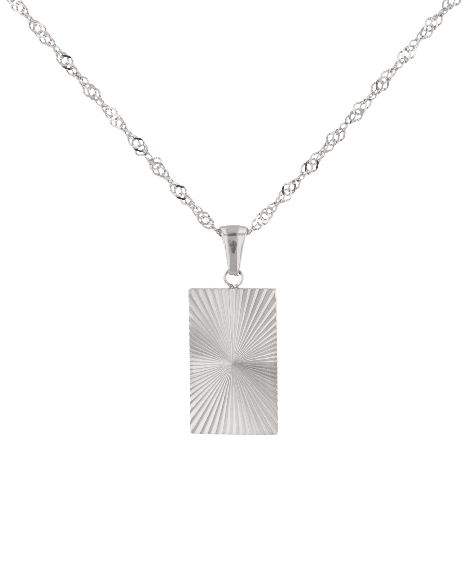 Sunburst Silver Tag Necklace by Lavana, sunburst engraved rectangle tag on fine chain