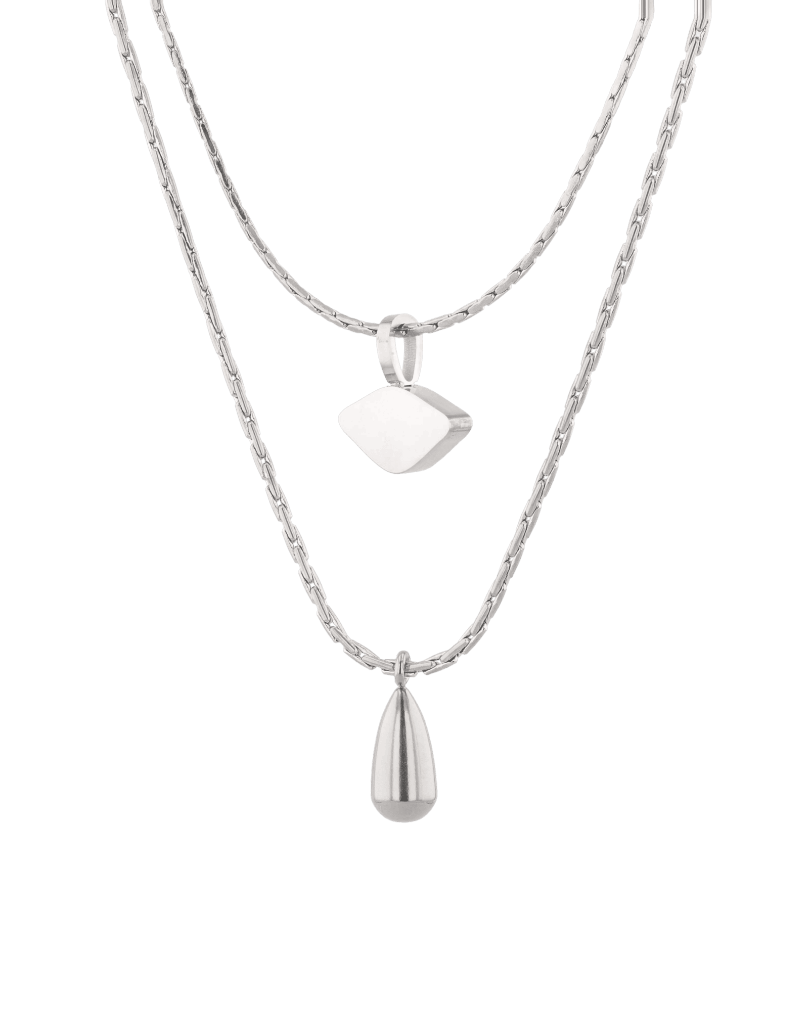 Sunshower Layered Silver Necklace by Lavana, double-layered chain with cloud charm and raindrop pendant, angled view