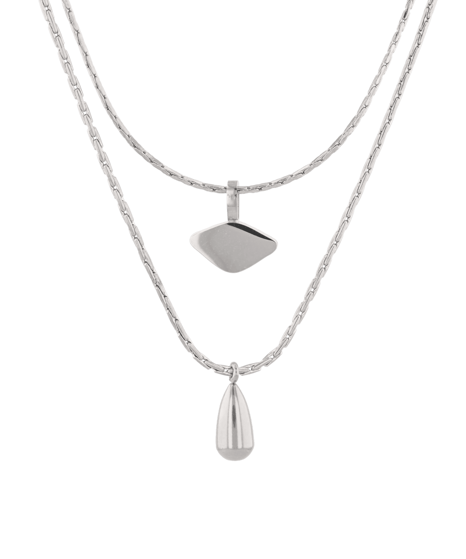 Sunshower Layered Silver Necklace by Lavana, double-layered chain with cloud charm and raindrop pendant, front view