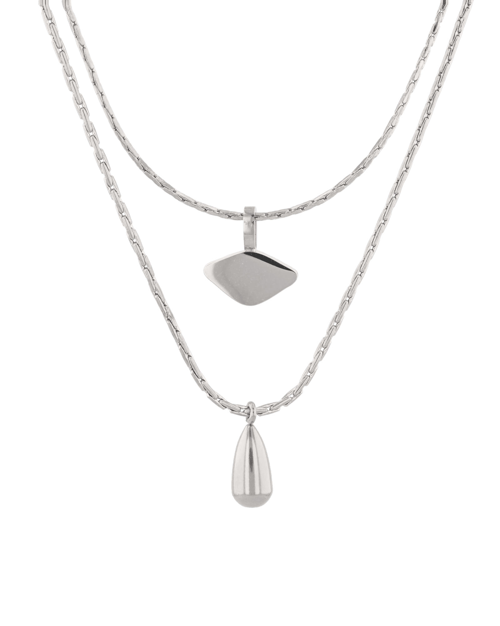 Sunshower Layered Silver Necklace by Lavana, double-layered chain with cloud charm and raindrop pendant, front view