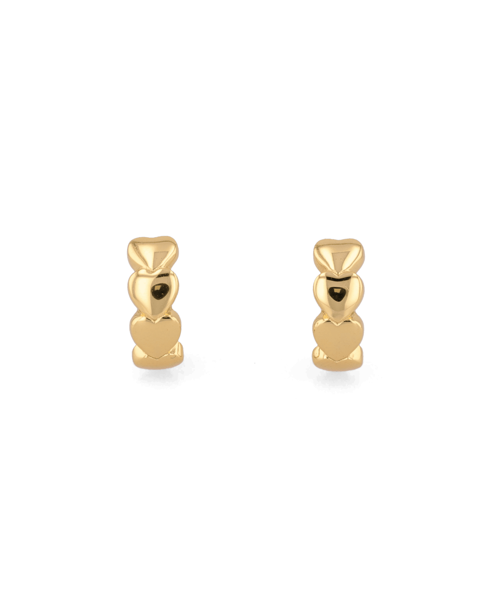 Sweetheart Gold Hoop Earrings by LAVANA, four hearts stacked at the front