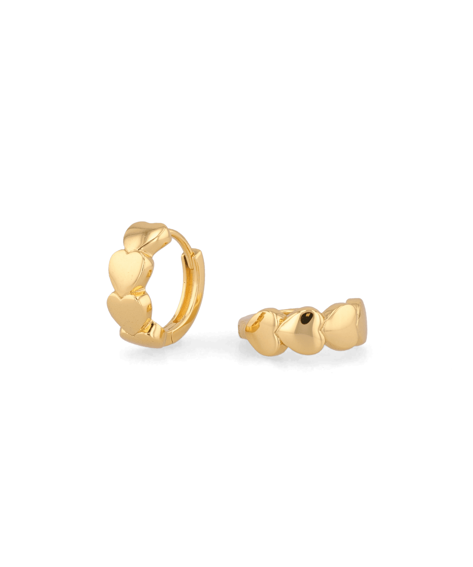 Sweetheart Gold Hoop Earrings by LAVANA, four hearts stacked at the front