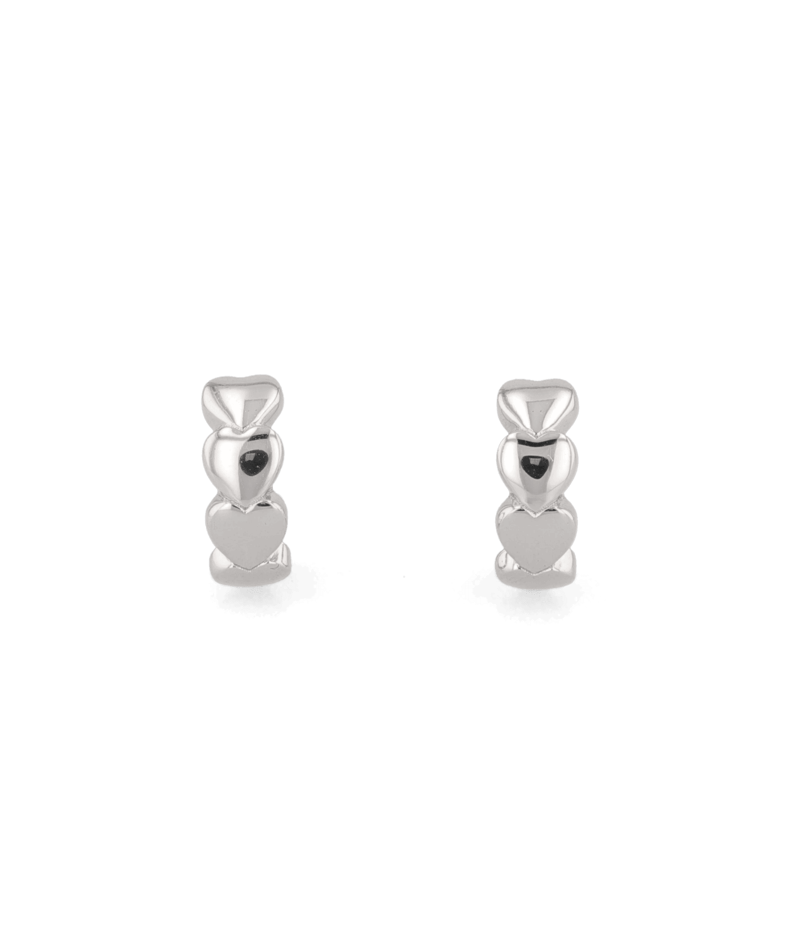 Sweetheart Silver Hoop Earrings by LAVANA, four hearts stacked at the front