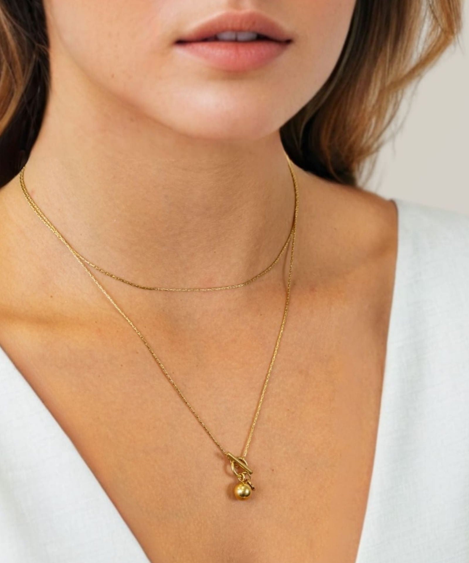 T Bar Lariat Gold Chain Necklace by LAVANA on model fine chain with polished T bar drop
