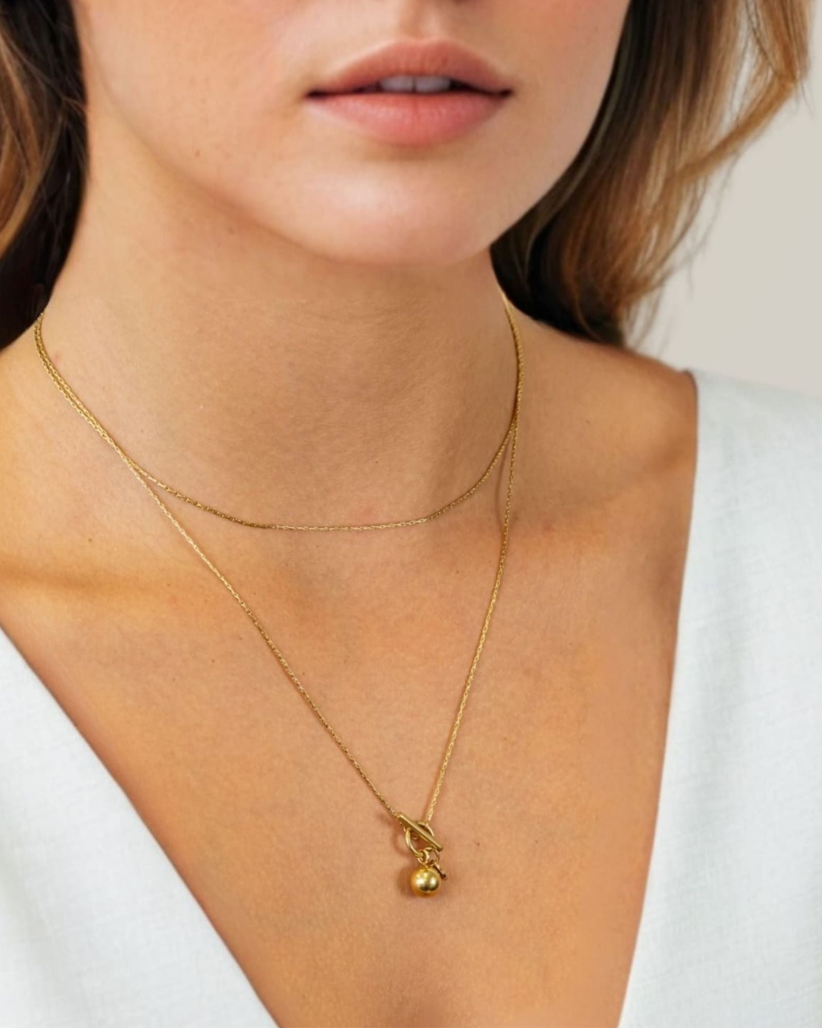 T Bar Lariat Gold Chain Necklace by LAVANA on model fine chain with polished T bar drop