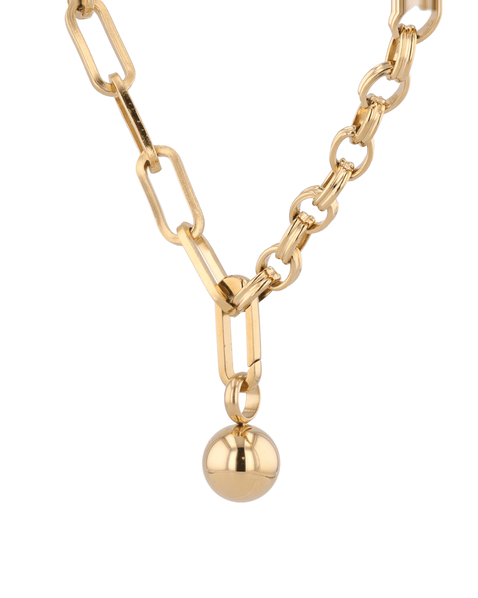 Tandem Paperclip Gold Chain Necklace by Lavana, double chain with paperclip and rolo links, polished drop, angled view