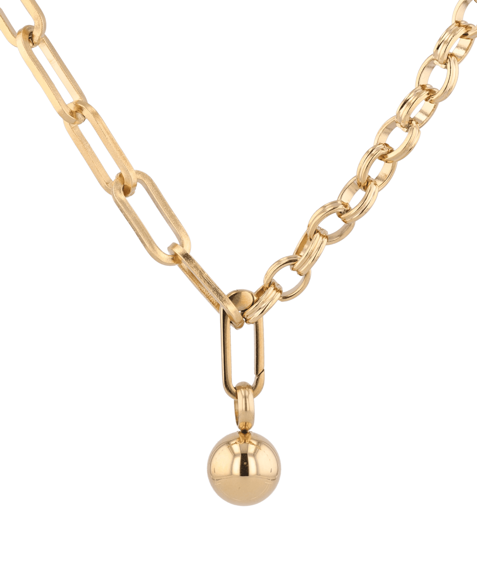 Tandem Paperclip Gold Chain Necklace by Lavana, double chain with paperclip and rolo links, polished drop, front view
