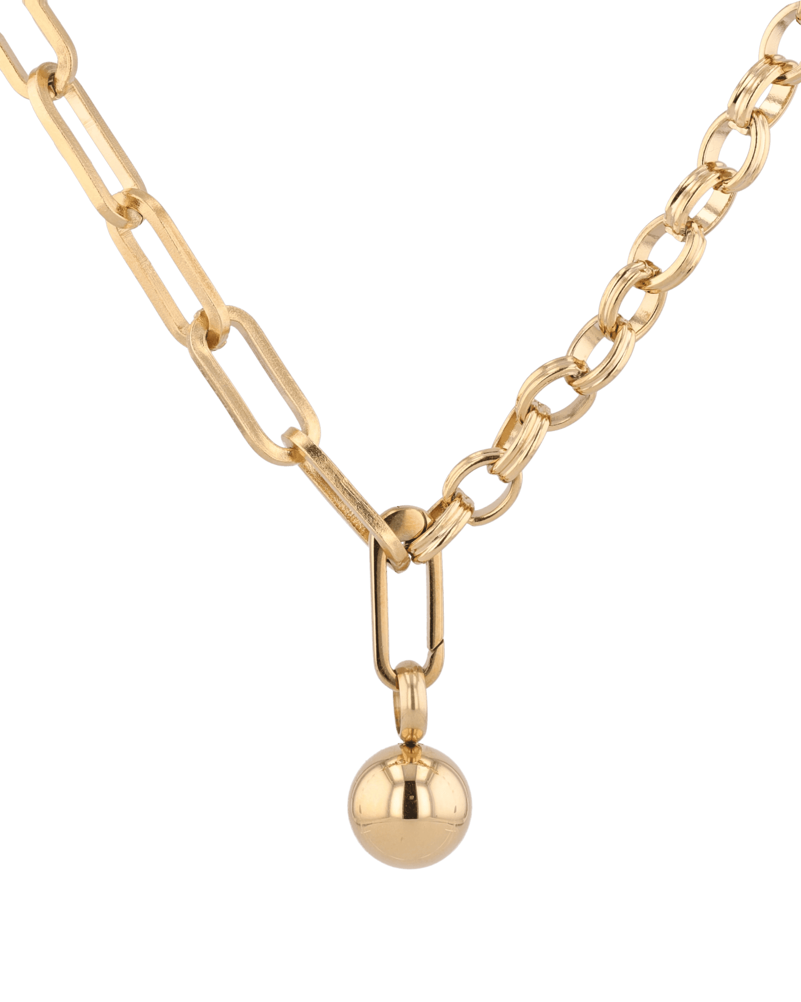 Tandem Paperclip Gold Chain Necklace by Lavana, double chain with paperclip and rolo links, polished drop, front view