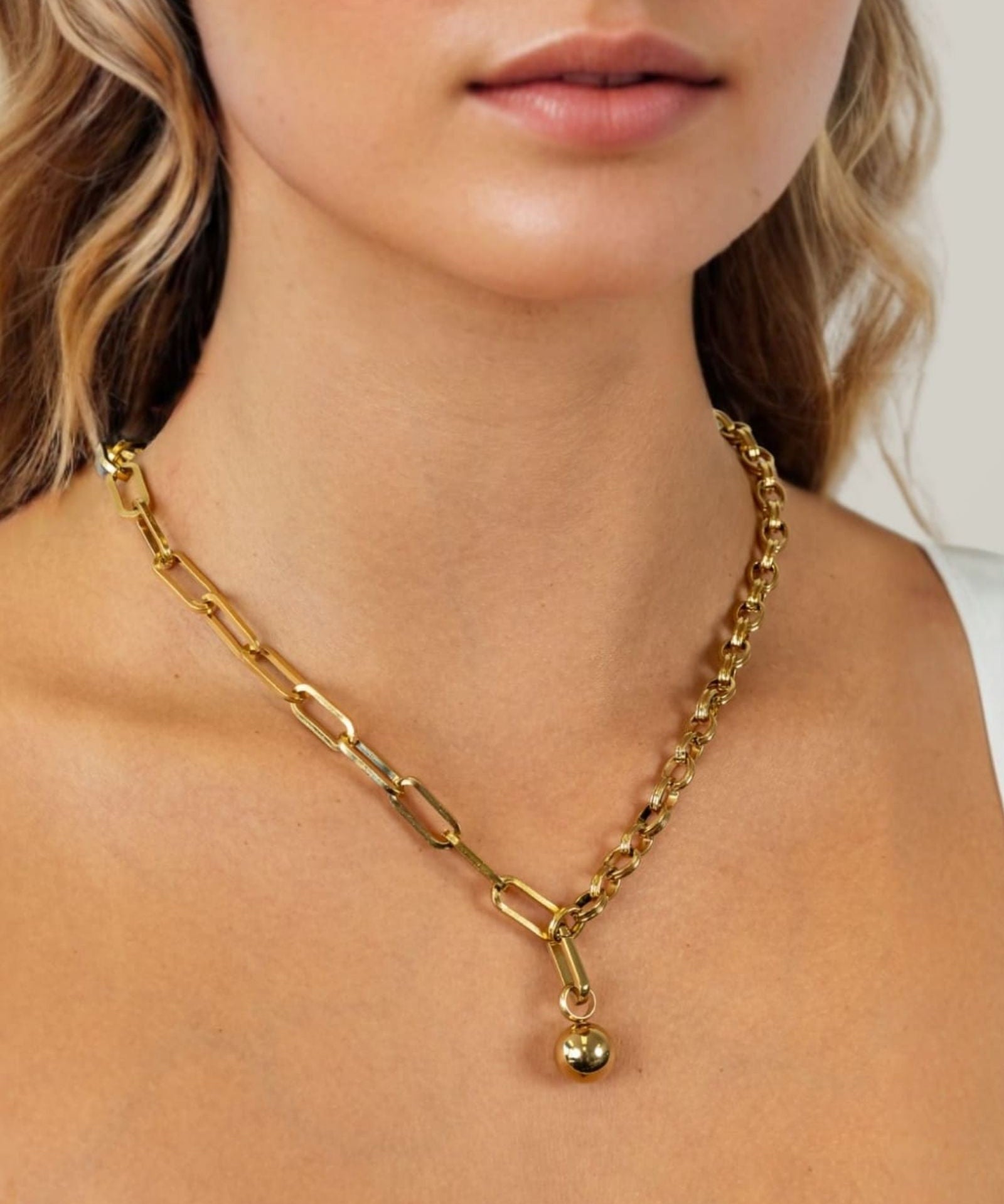 Tandem Paperclip Gold Chain Necklace by Lavana, on model; double chain with paperclip and rolo links plus polished drop 
