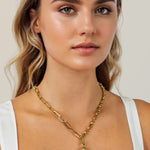 Tandem Paperclip Gold Chain Necklace by Lavana, on model; double chain with paperclip and rolo links plus polished drop 