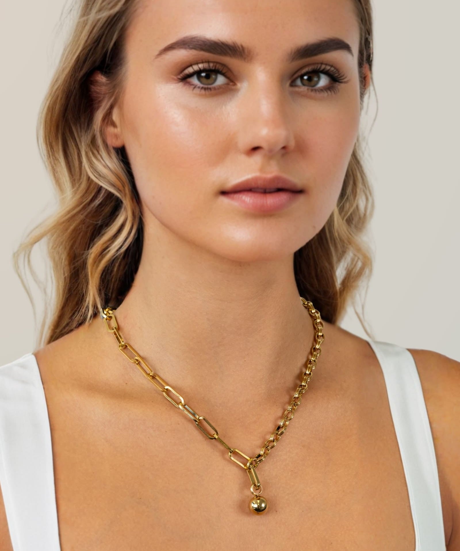 Tandem Paperclip Gold Chain Necklace by Lavana, on model; double chain with paperclip and rolo links plus polished drop 