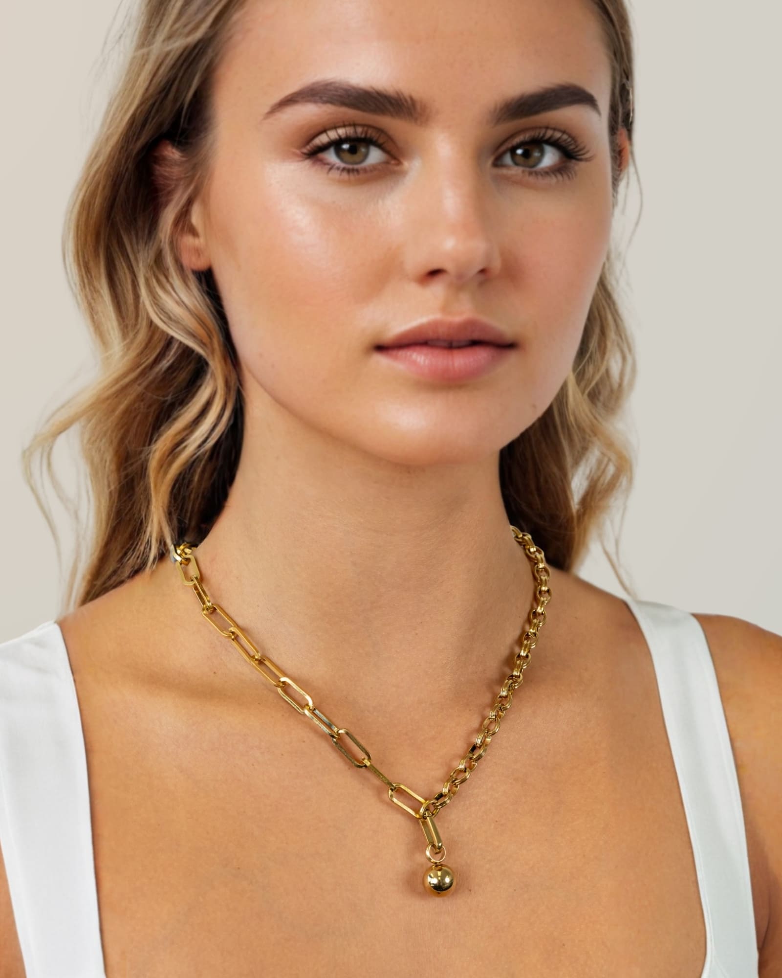 Tandem Paperclip Gold Chain Necklace by Lavana, on model; double chain with paperclip and rolo links plus polished drop 