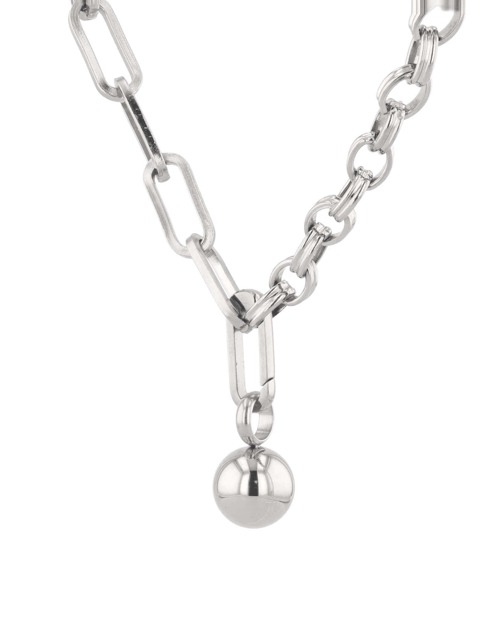 Tandem Paperclip Silver Chain Necklace by Lavana, double chain with paperclip and rolo links, polished drop, angled view