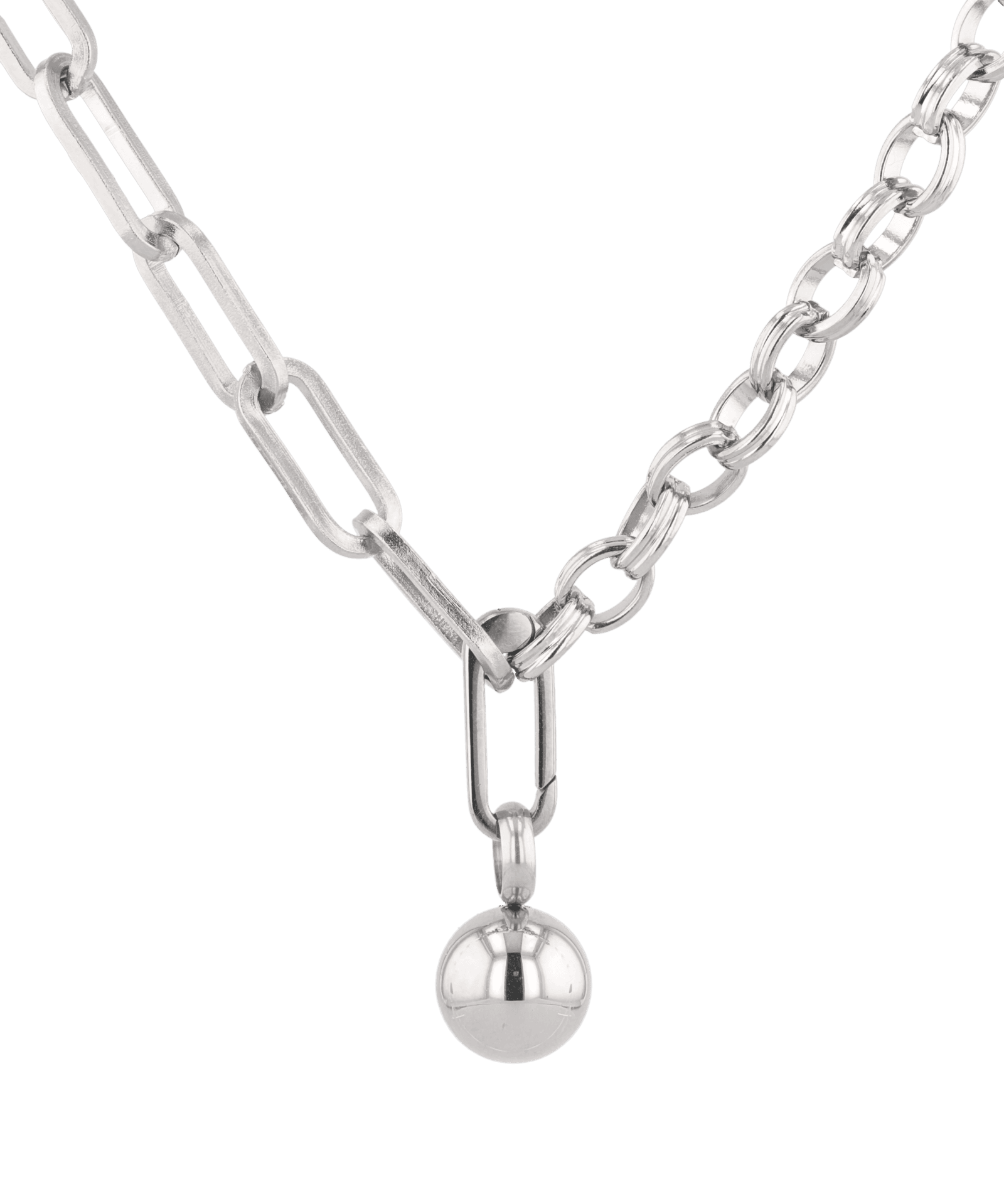 Tandem Paperclip Silver Chain Necklace by Lavana, double chain with paperclip and rolo links, polished drop, front view