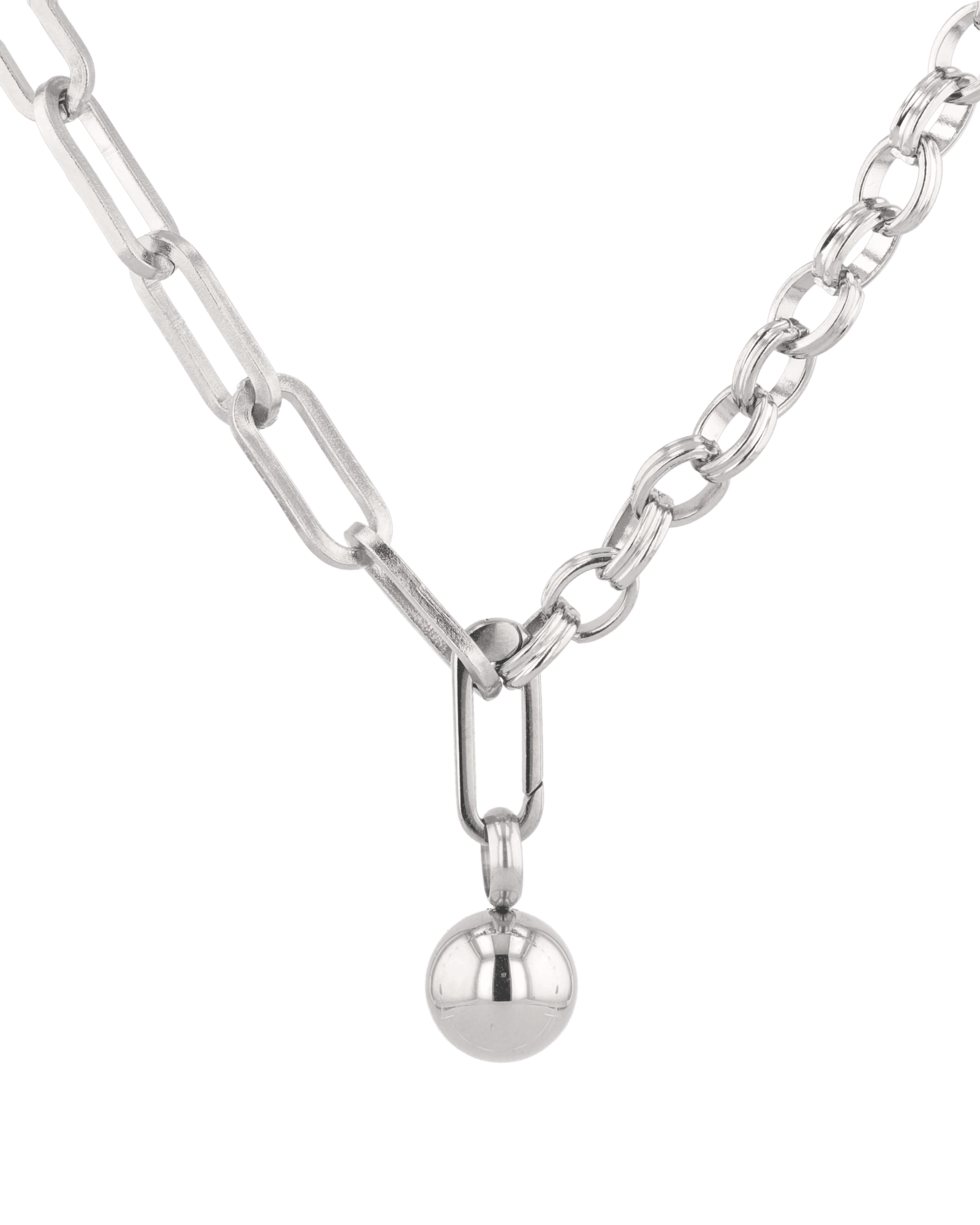 Tandem Paperclip Silver Chain Necklace by Lavana, double chain with paperclip and rolo links, polished drop, front view