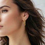 Tango Gold Hoop Earrings by Lavana on model full hoop with polished and textured halves on a flat profile