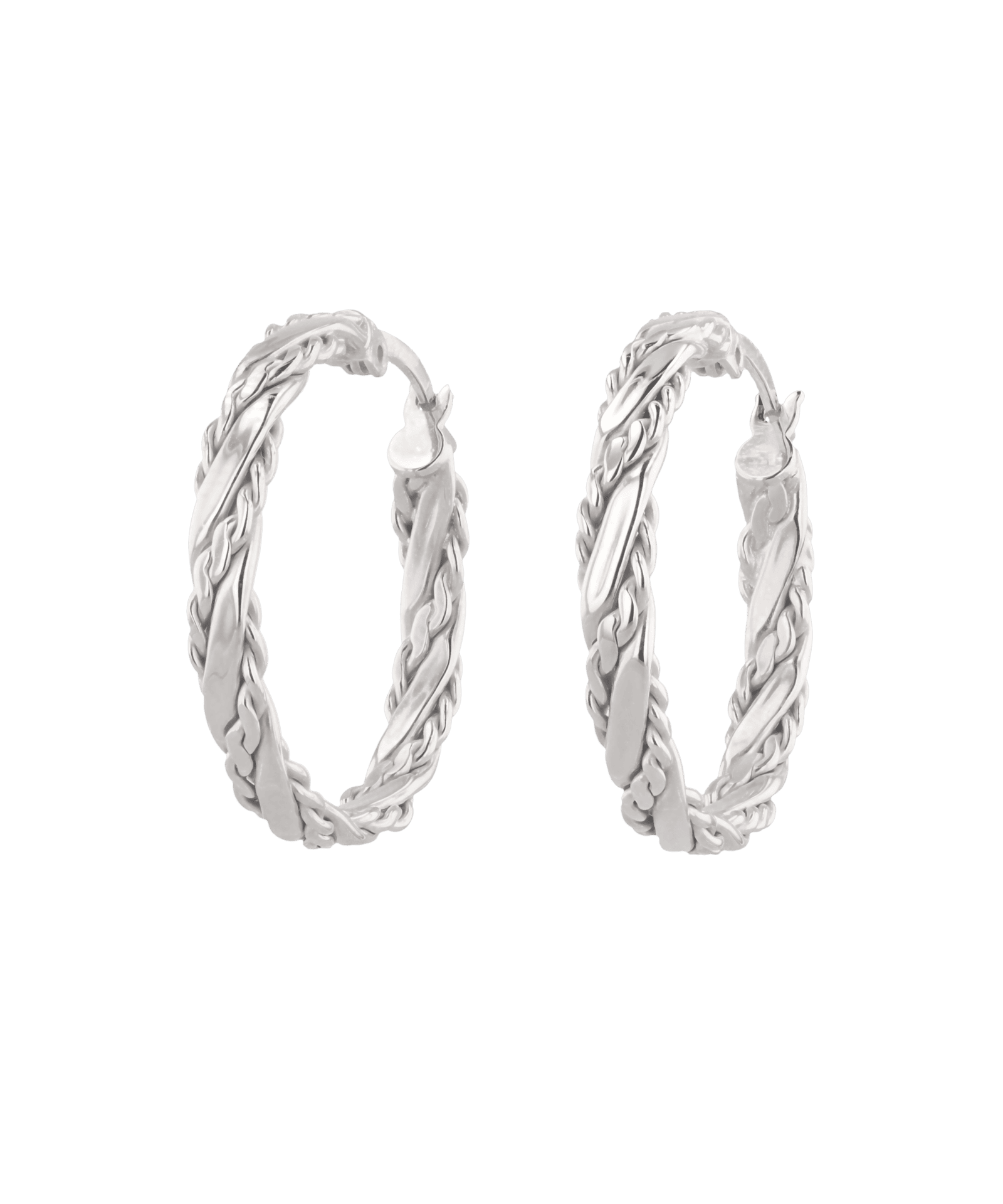 Tango Silver Hoop Earrings by Lavana, full hoop with polished and textured halves on a flat profile