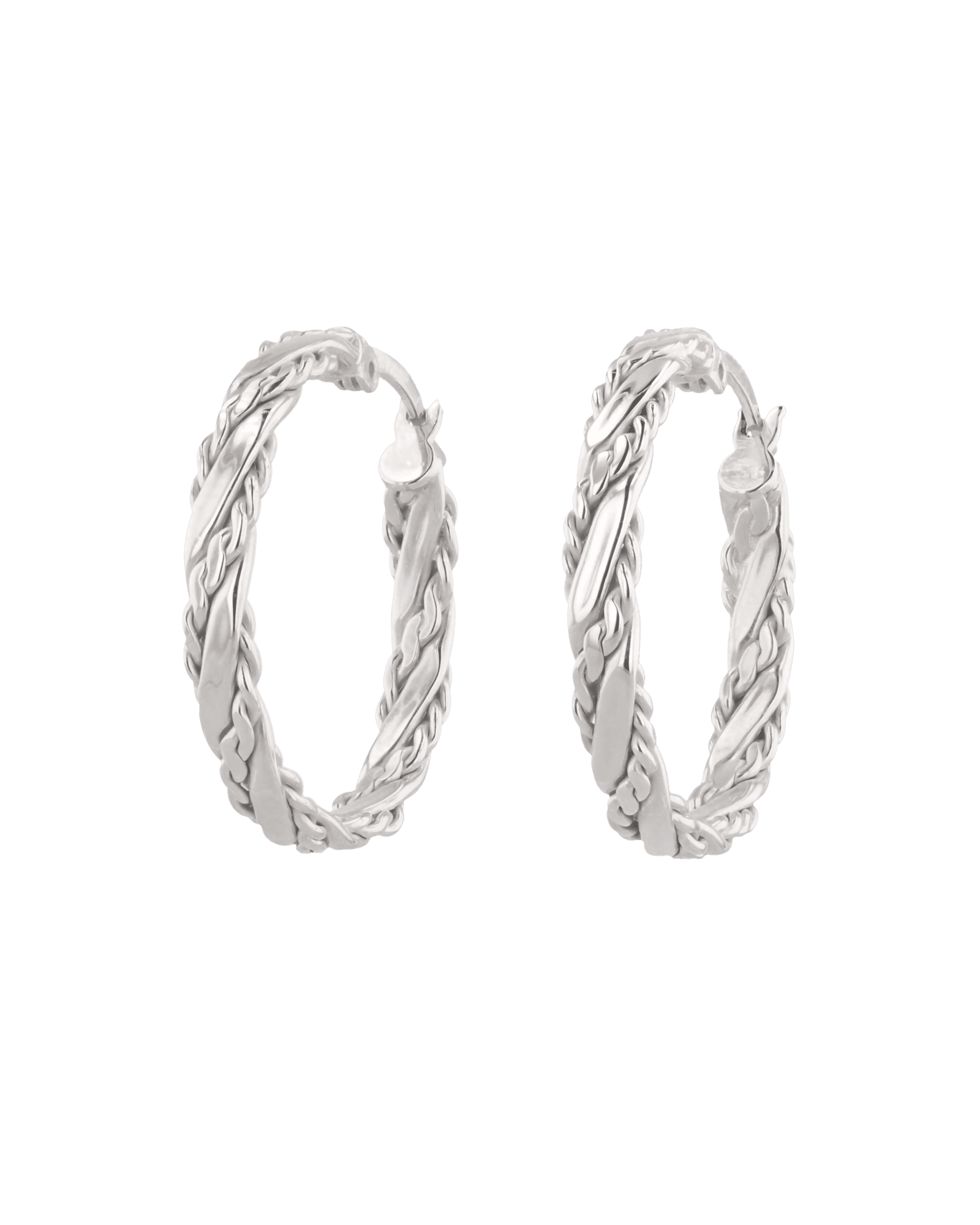 Tango Silver Hoop Earrings by Lavana, full hoop with polished and textured halves on a flat profile