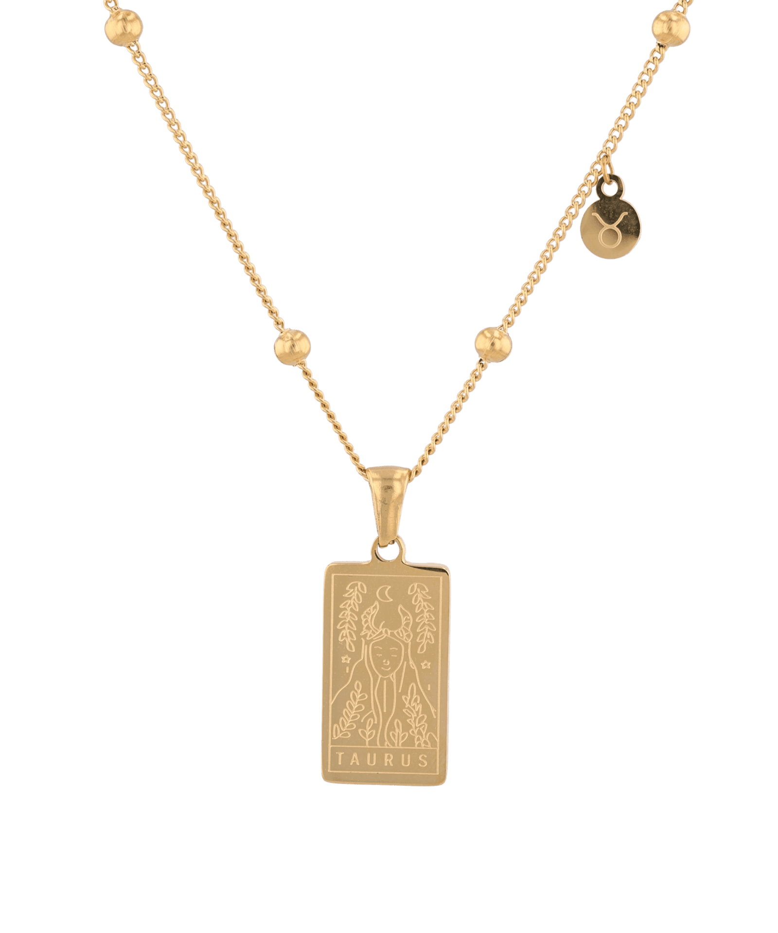 Taurus Gold Zodiac Tag Necklace by Lavana, engraved tag with constellation on beaded chain, front view