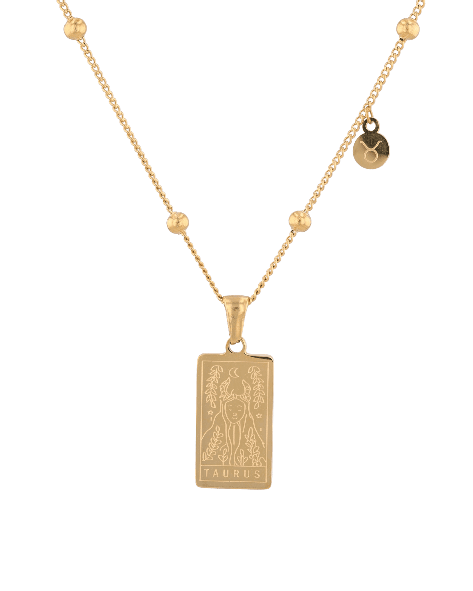Taurus Gold Zodiac Tag Necklace by Lavana, engraved tag with constellation on beaded chain, front view