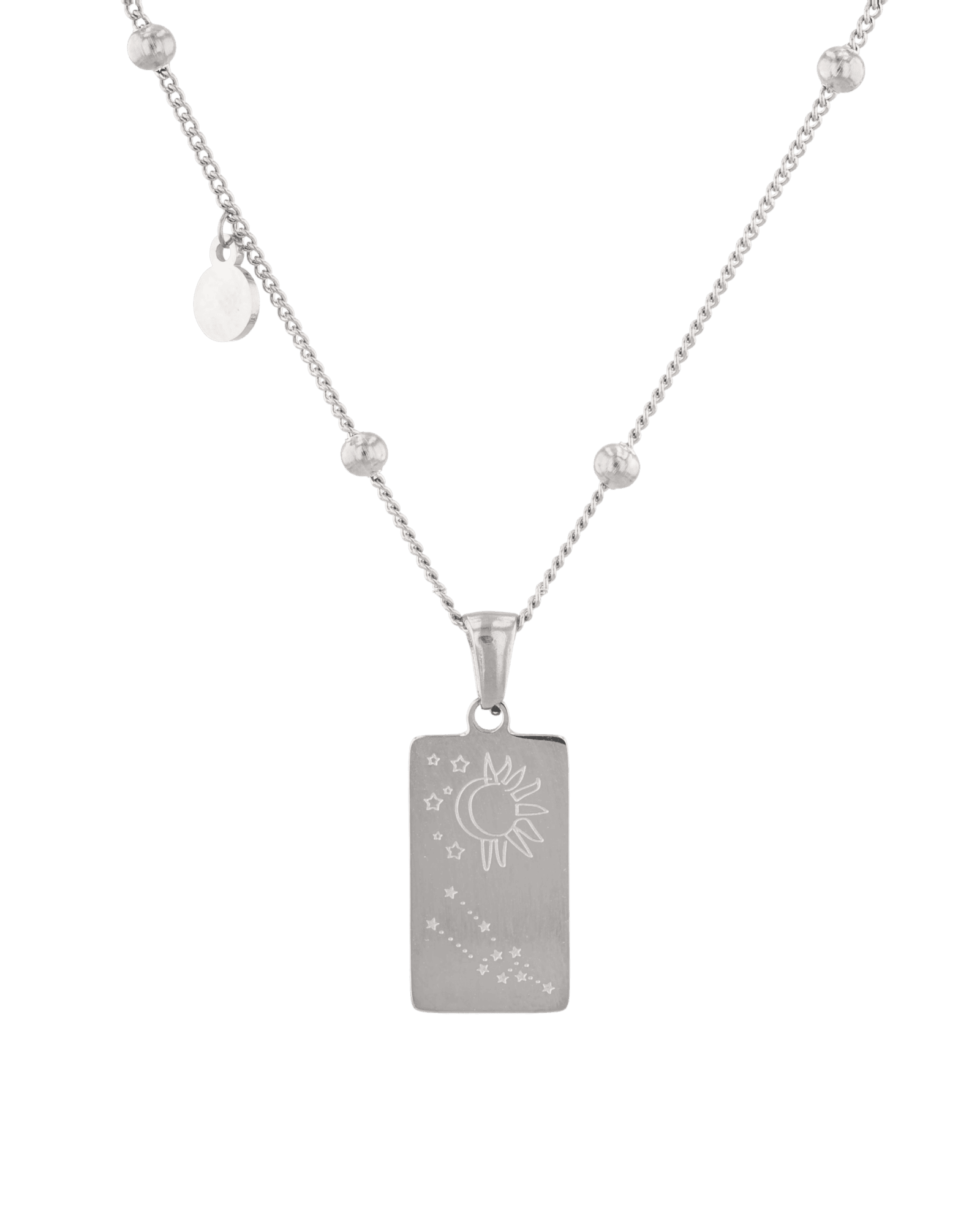 Taurus Silver Zodiac Tag Necklace by Lavana, engraved tag with constellation on beaded chain, back view