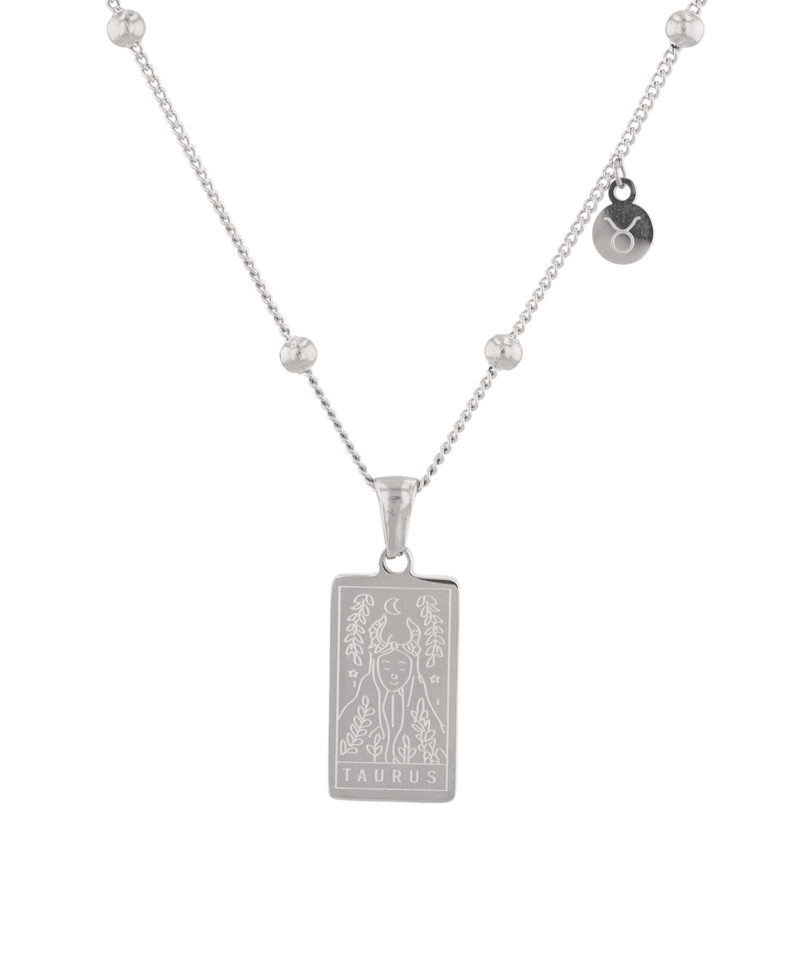 Taurus Silver Zodiac Tag Necklace by Lavana, engraved tag with constellation on beaded chain, front view