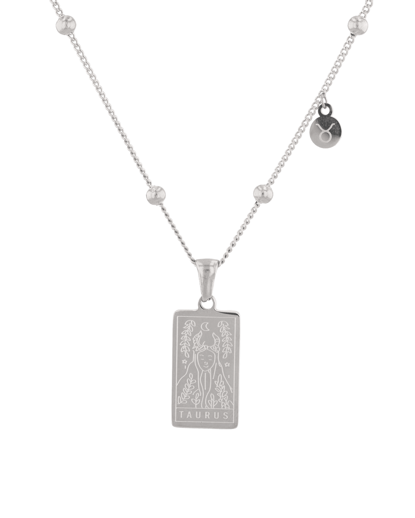 Taurus Silver Zodiac Tag Necklace by Lavana, engraved tag with constellation on beaded chain, front view