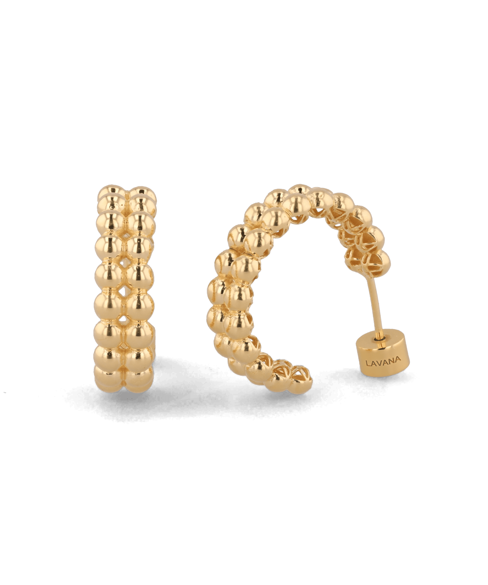 Tiny Pebbles Gold Hoop Earrings by Lavana, double row of polished beads in an open hoop