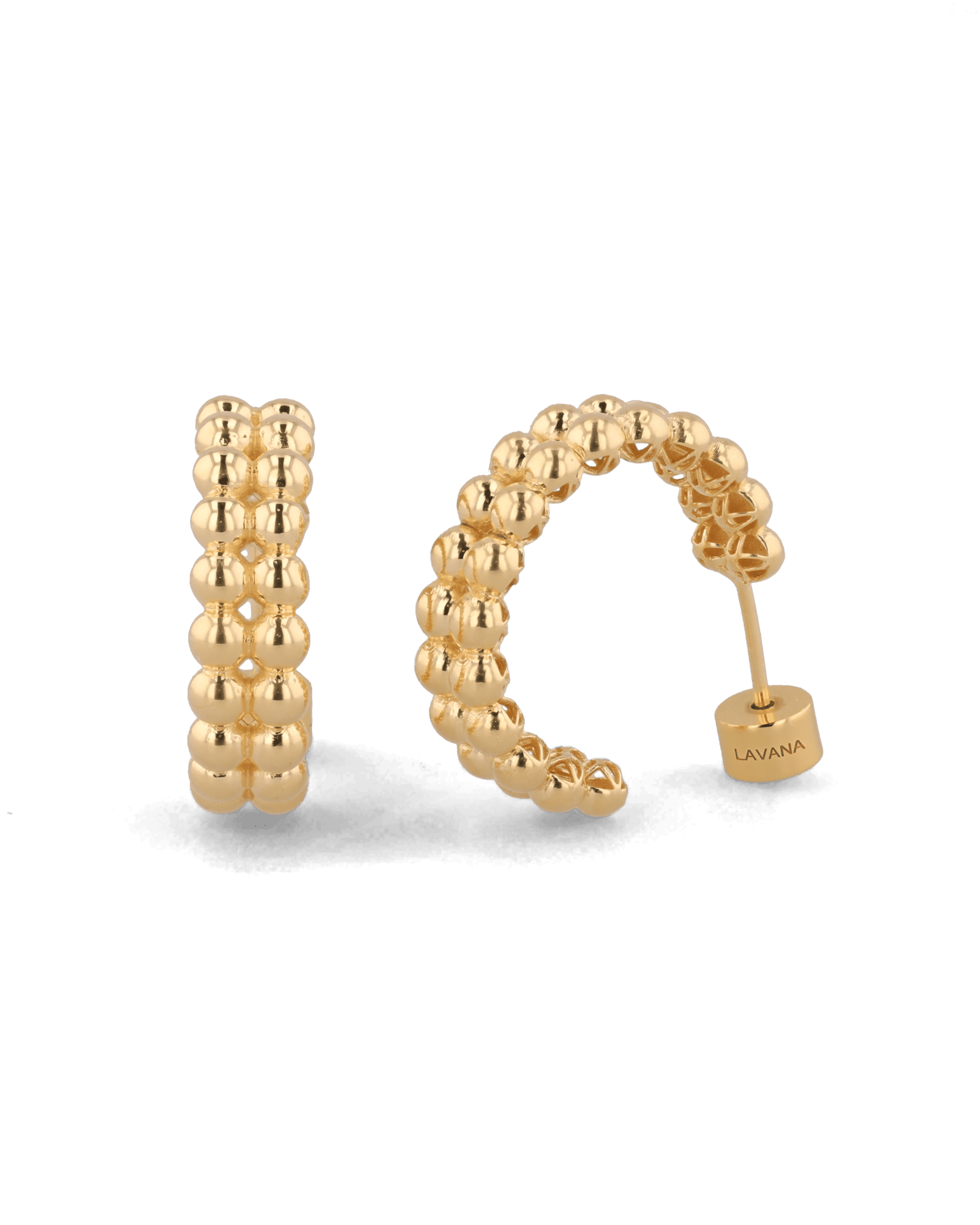 Tiny Pebbles Gold Hoop Earrings by Lavana, double row of polished beads in an open hoop