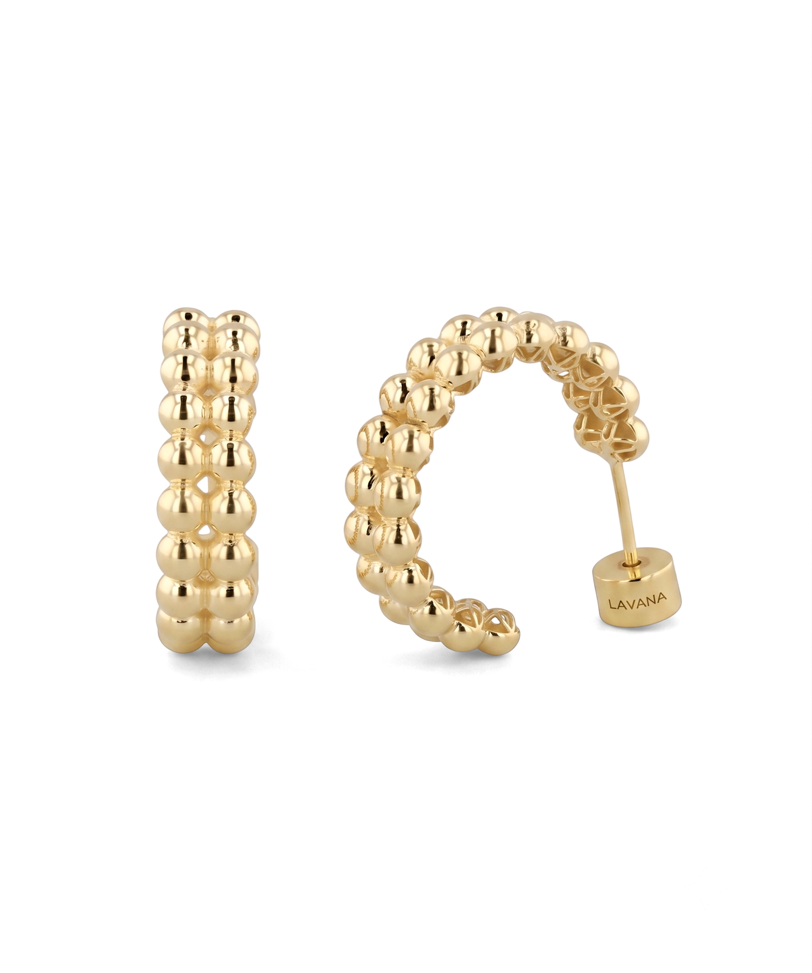Tiny Pebbles Gold Hoop Earrings by Lavana, double row of polished beads in an open hoop