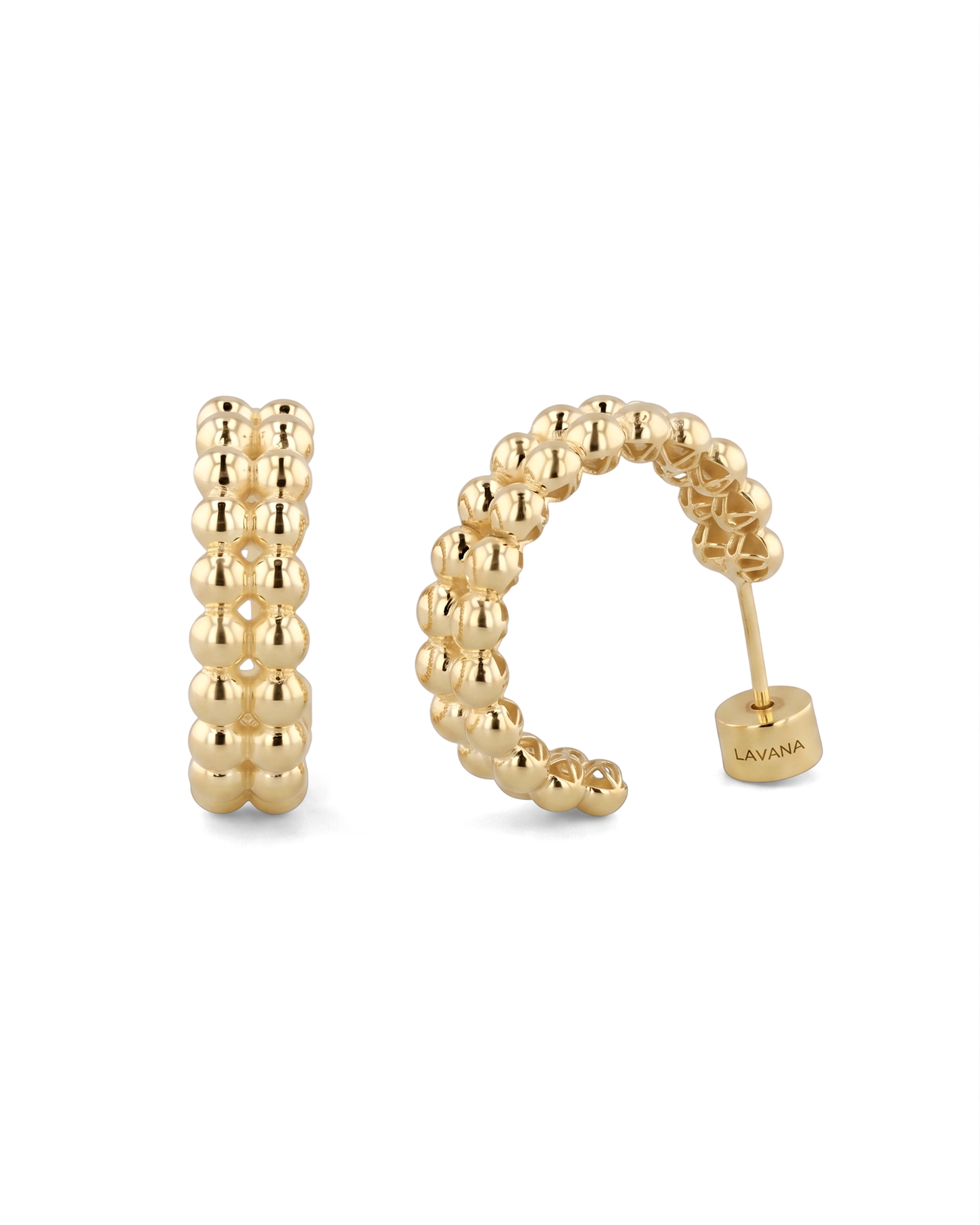 Tiny Pebbles Gold Hoop Earrings by Lavana, double row of polished beads in an open hoop
