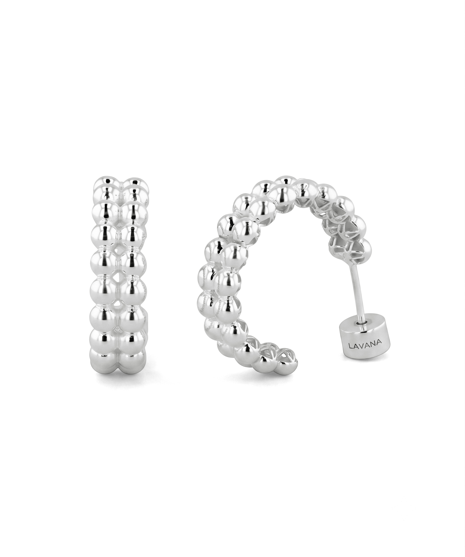 Tiny Pebbles Sterling Silver Hoop Earrings by Lavana, two rows of polished beads in an open hoop