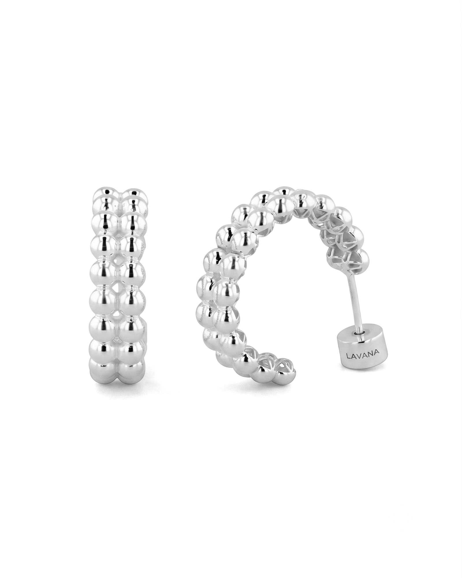 Tiny Pebbles Sterling Silver Hoop Earrings by Lavana, two rows of polished beads in an open hoop