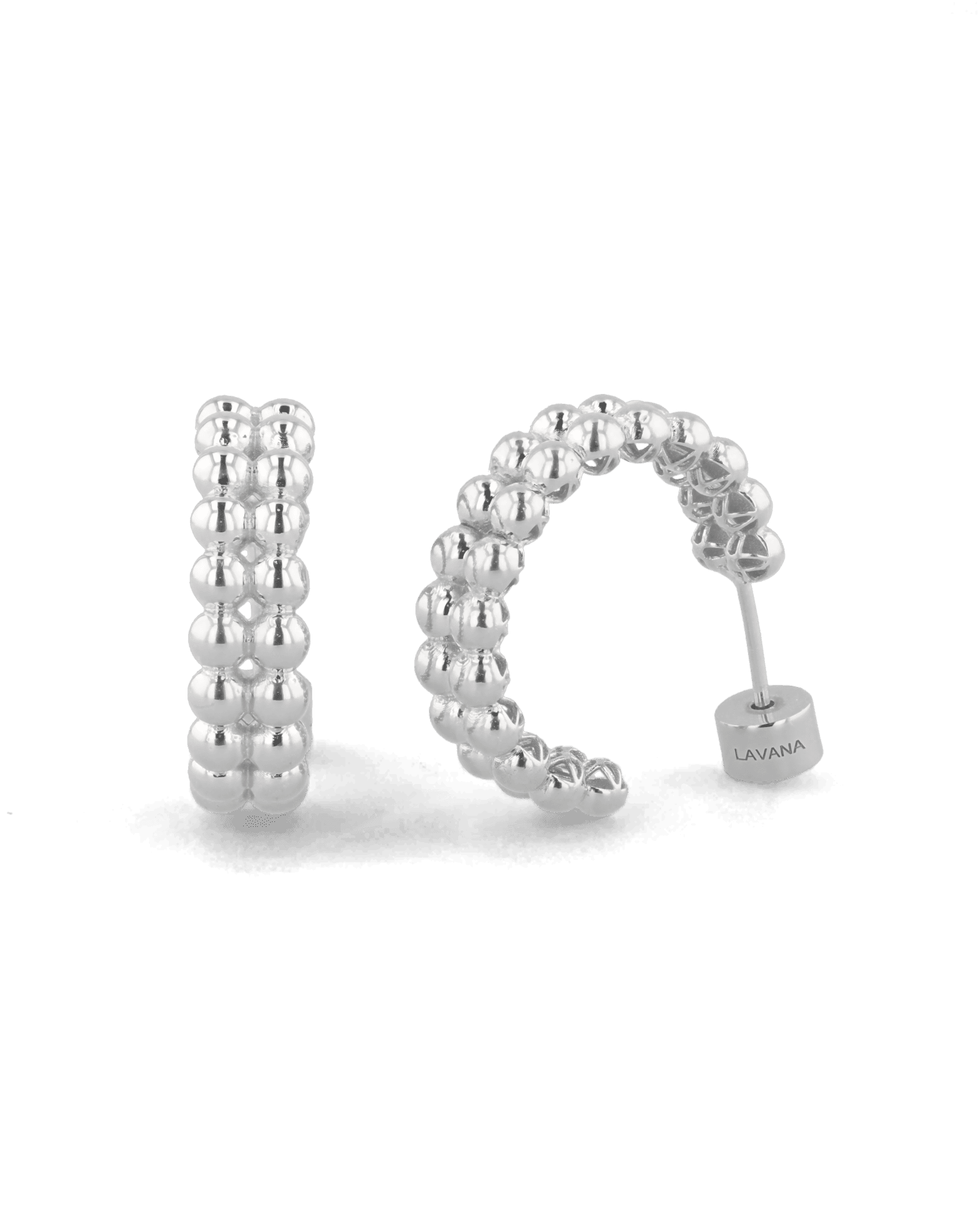 Tiny Pebbles Sterling Silver Hoop Earrings by Lavana, two rows of polished beads in an open hoop