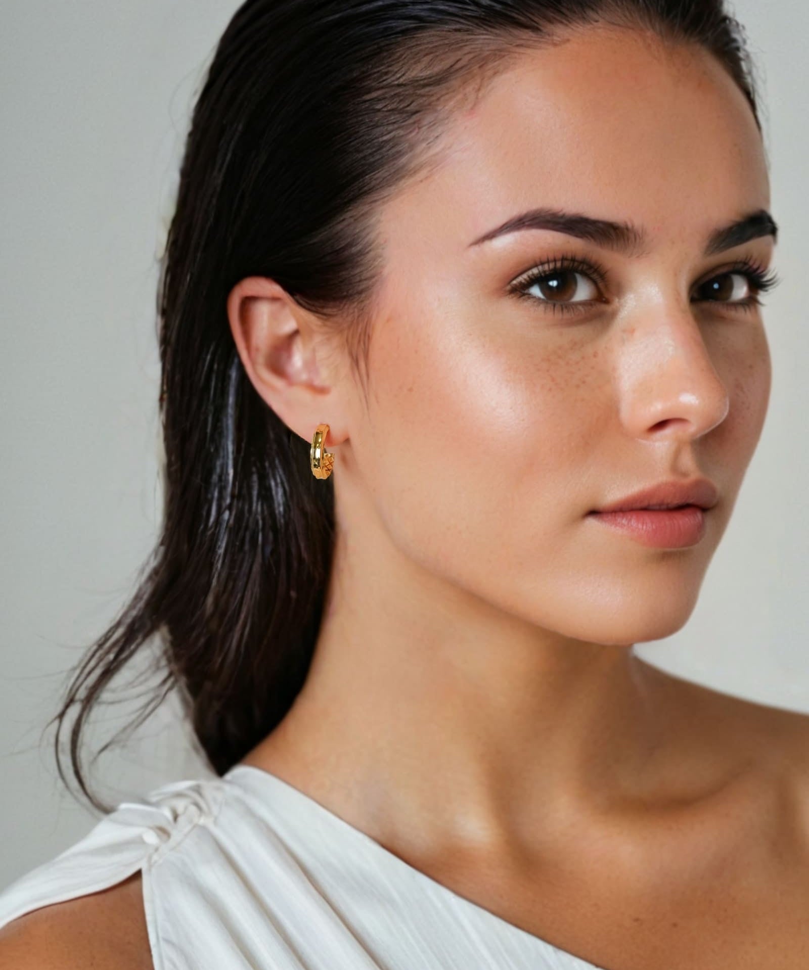 Tranquil Gold Hoop Earrings by Lavana on model layered front with inner patterned gallery