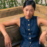 Treasure Two Tone Chain Bracelet by Lavana, on model with modern gold paperclip links silver rope oval and T-Bar 