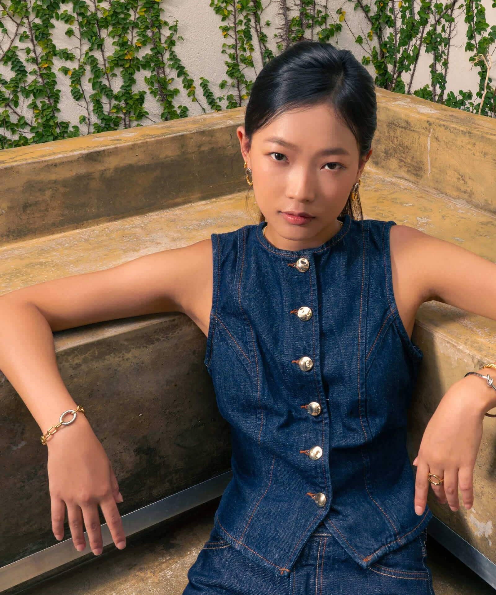 Treasure Two Tone Chain Bracelet by Lavana, on model with modern gold paperclip links silver rope oval and T-Bar 