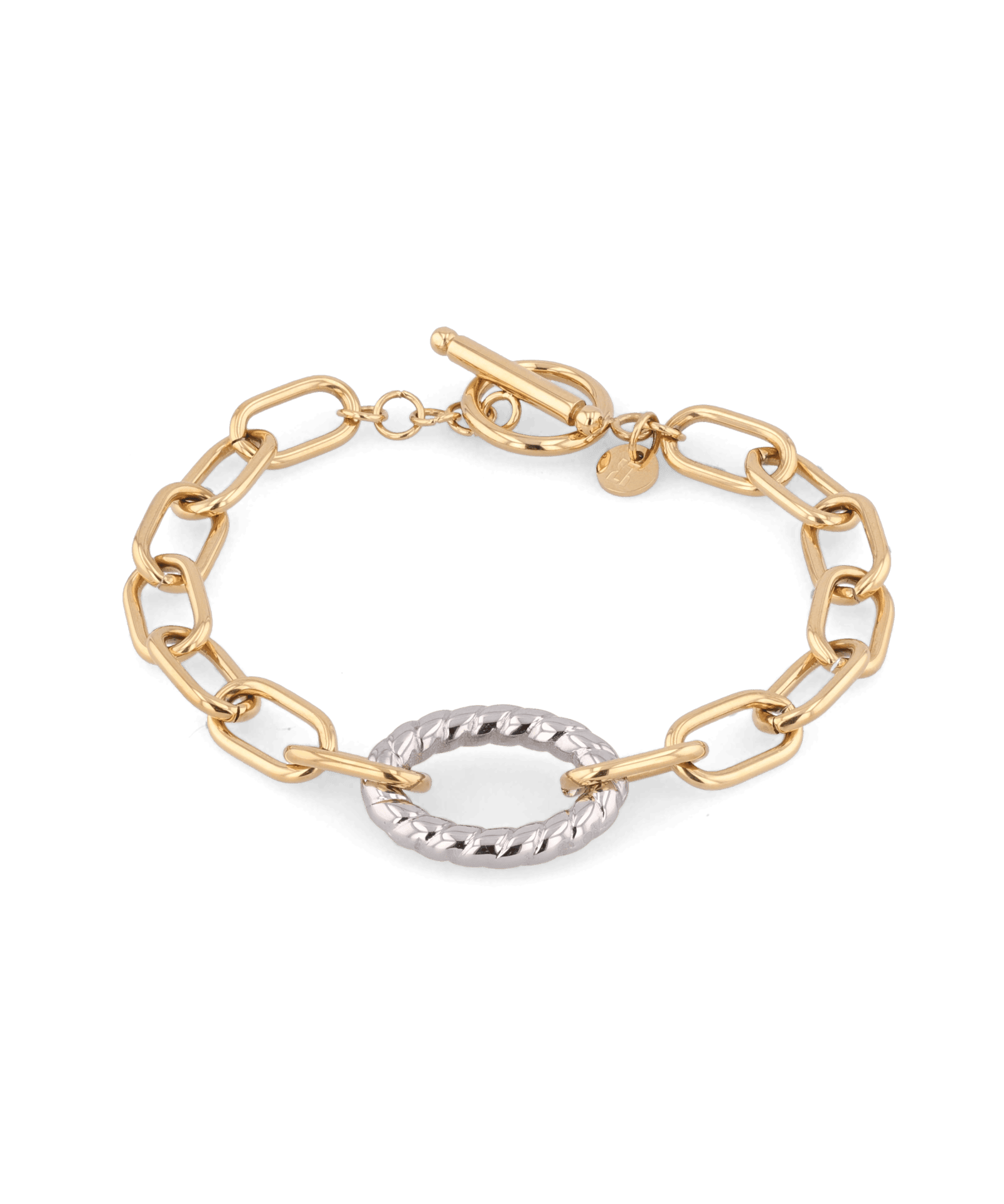 Treasure Two Tone Chain Bracelet by Lavana, with gold paperclip links, silver rope oval, and T-Bar clasp - 1