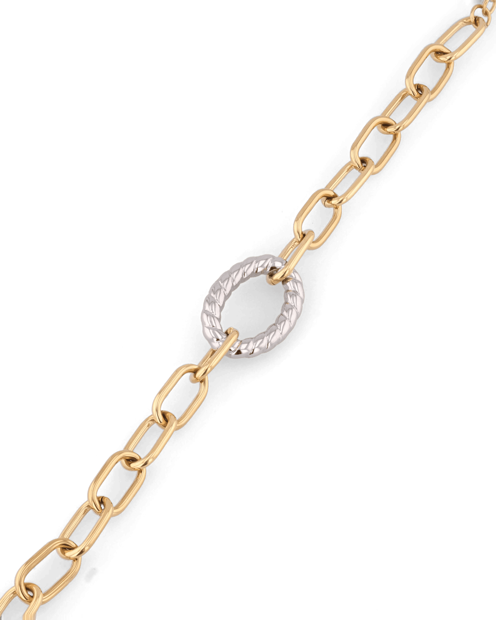 Treasure Two Tone Chain Bracelet by Lavana, with gold paperclip links, silver rope oval, and T-Bar clasp - 2