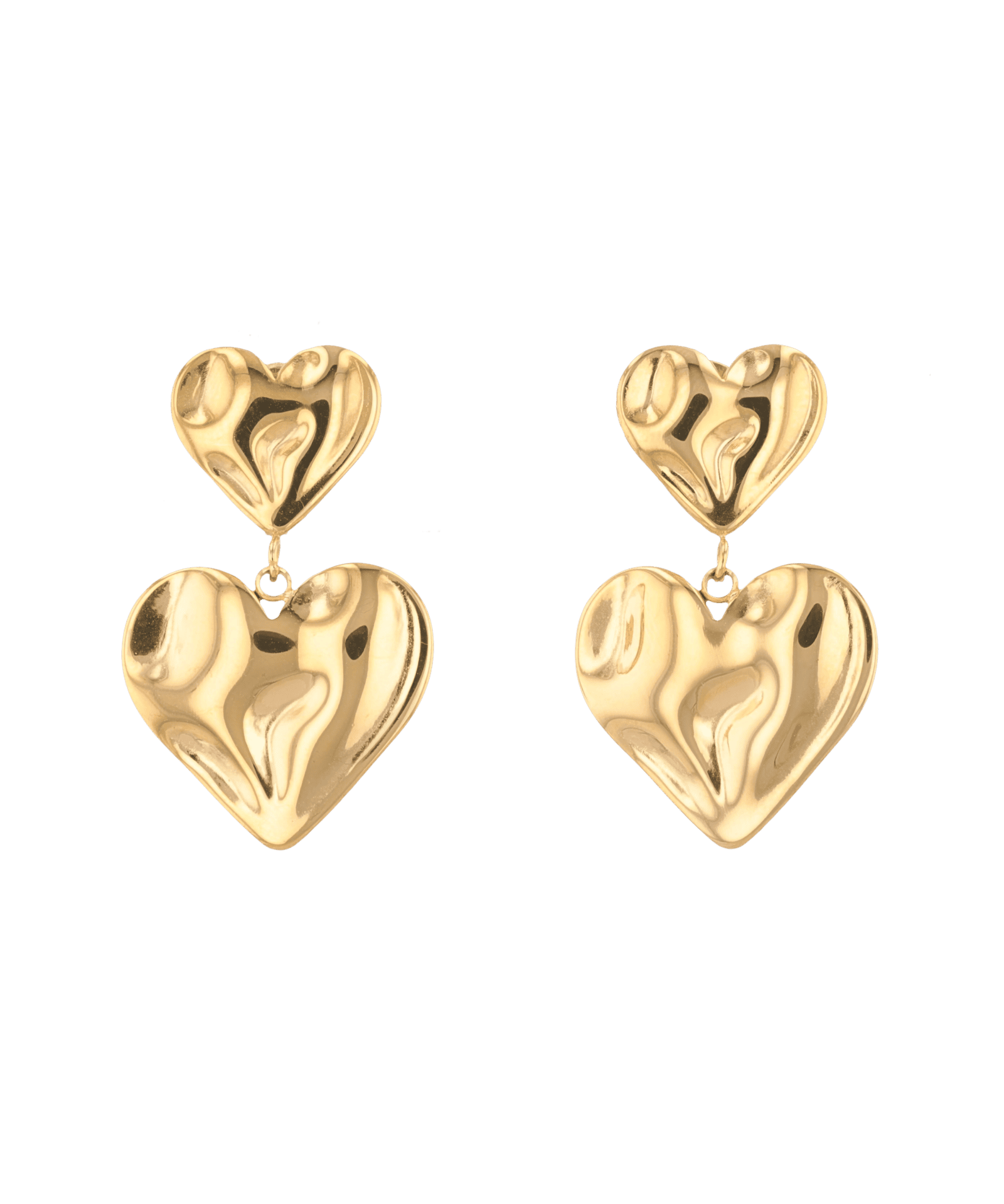 Twofold Heart Gold Stud Earrings by LAVANA, featuring a textured double heart drop